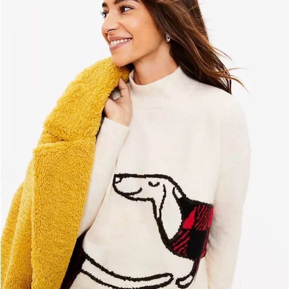 Ann Taylor Cream Sweater with Black and Red Dog Graphic